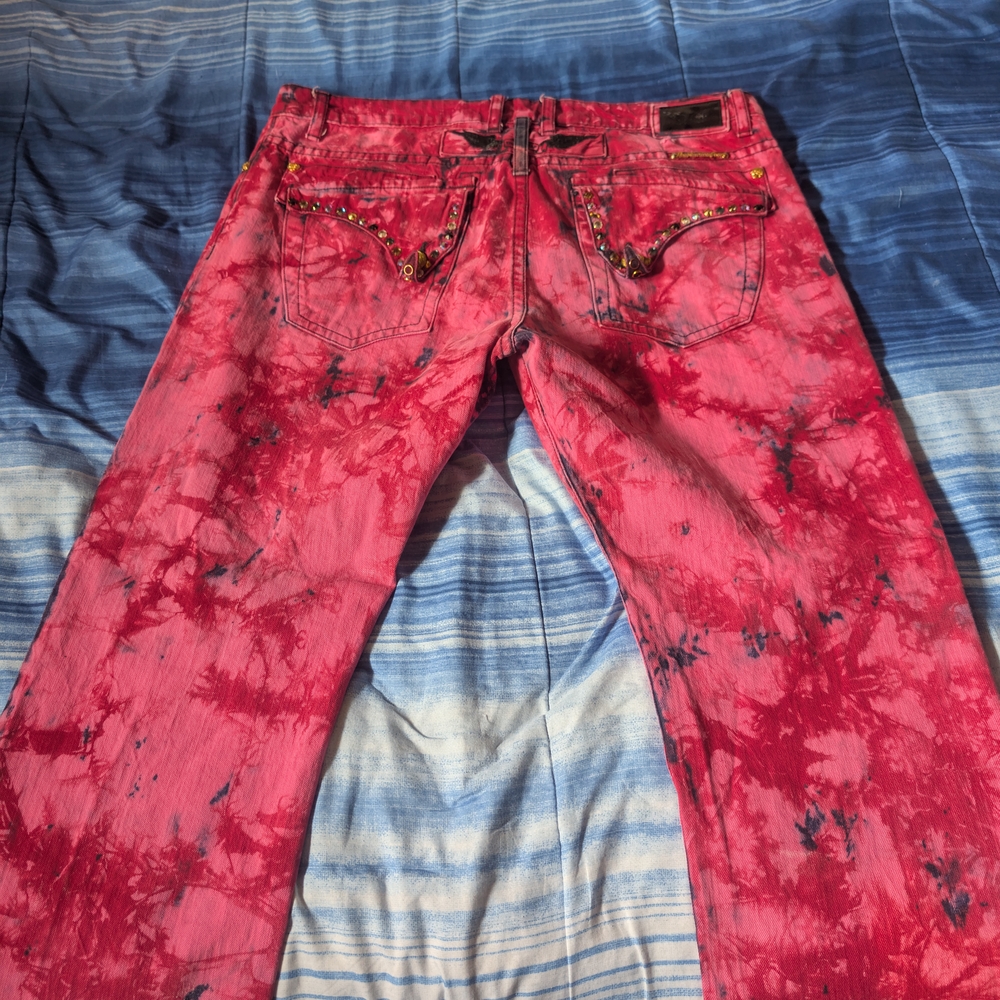 Red Tie-Dye Jeans with Studded Details